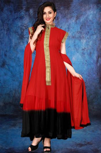 For Your Semi-Casual Wear Or Festive Wear, This Suit Is perfect For Your In Red And Black Color Paired With Black Colored Bottom And Red Dupatta. Its top Is Fabricated On Georgette Paired With Santoon Bottom And Chiffon Dupatta. 