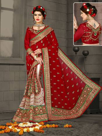 Adorn The Beautiful Queen Look Wearing This Saree In Maroon And White Color Paired With Maroon Colored Blouse. This Saree Is Fabricated On Georgette Paired With Gota Fabricated Blouse. It Is Durable And easy To Carry For.