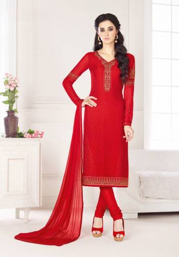 Adorn The Angelic Look Wearing This Designer Straight Cut Suit In Red Color Paired With Red Colored Bottom And Dupatta. Its Top Is Fabricated On Georgette Brasso Paired With Santoon Bottom And Chiffon Dupatta. Its All Three Fabrics Ensures Superb Comfort All Day Long. Nuy Now.