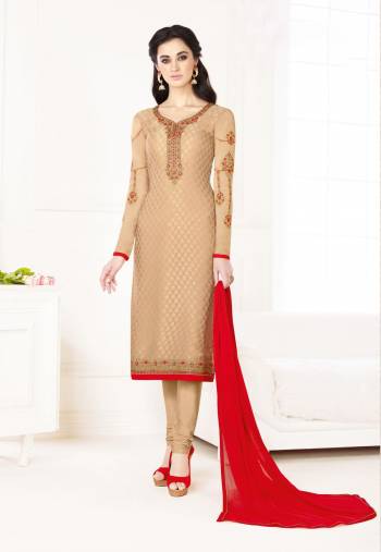 Flaunt Your Rich And Elegant Taste Wearing This Straight Cut Suit In Beige Color Paired With Contrasting Red Colored Dupatta. Its Top Is Fabricated On Georgette Brasso Paired With Santoon Bottom And Chiffon Dupatta. It Is Light In Weight And Easy To Carry All Day Long. Buy Now.