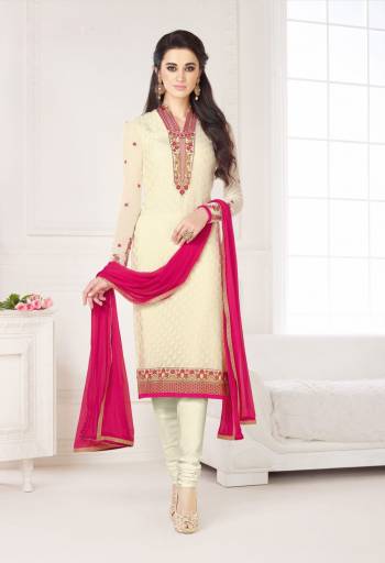 Simple And Elegant Looking Straight Cut suit Is Here In Off-White Color Paired With Dark Pink Colored Dupatta. Its Top Is Fabricated On Georgette Brasso Paired With Santoon Bottom And Chiffon Dupatta. Its Pretty And Attractive Color Combination Is Will Earn You Lots Of Compliments From Onlookers.