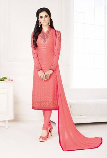 Look Pretty Wearing This Dusty Pink Colored Straight Cut Suit Paired With Dusty Pink Colored Bottom And Dupatta. Its Top Is Fabricated On Georgette Brasso Paired With Santoon Bottom And Chiffon Dupatta. It Has Pretty Embroidery Over The Neckline And Sleeves. Buy This Suit Now.