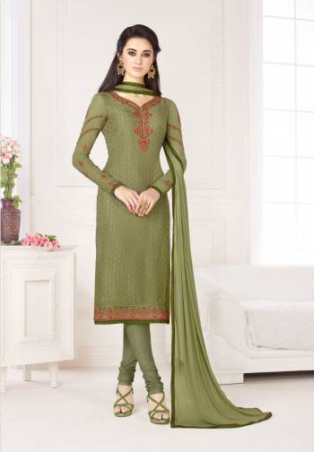 Add this New Shade Of Green To Your Wardrobe With This Straight Cut Suit In Olive Green Color Paired With Olive Green Colored Bottom and Dupatta. Its Top Is Fabricated On Georgette Brasso Paired With Santoon Bottom And Chiffon Dupatta. All Its Fabrics Ensures Superb Comfort All Day Long.