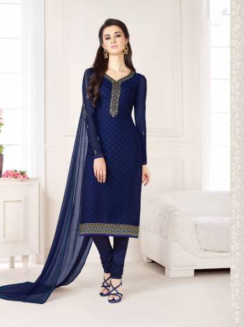 Enhance Your Personality Wearing This Straight Cut Suit In Navy Blue Color Paired With Navy Blue Colored Bottom And Dupatta. Its Top Is Fabricated On Georgette Brasso Paired With Santoon Bottom and Chiffon Dupatta. It Is Light Weight And Easy To Carry All Day Long. 