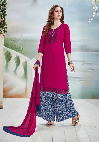 Bright And Visually Appealing Suit Is Here In Magenta Pink Colored Top Paired With Contrasting Blue Colored Plazzo And Magenta Pink Colored Dupatta. Its Top Is Fabricated On Rayin Cotton Paired With Cotton Bottom And Chiffon Dupatta. It Has Eambroidery Over The Necklince. Buy This Readymade Suit Now.