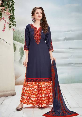 For A Beautiful Personality Grab This Readymade Suit In Navy Blue Color Paired With Blue Colored Plazzo And Navy Blue Colored Dupatta. Its Top Is Fabricated On Rayon Cotton Paired With Cotton Bottom And Chiffon Dupatta. 