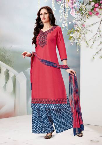 Look Pretty Wearing This Staright Cut Suit In Pink Colored Top Paired With Blue Colored Plazzo And Pink Colored Dupatta. Its Top Is Fabricated On Rayon Cotton Paired With Cotton Bottom And Chiffon Dupatta. Its Also Three Fabrics Esnures Superb Comfort All Day Long. Buy Now.