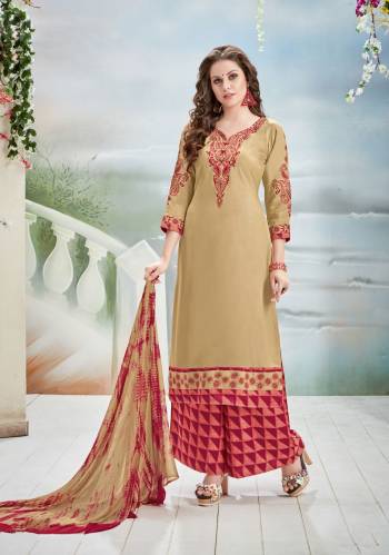 Simple and Elegant Looking Plazzo Suit Is Here In Beige Colored Top Paired With Pink Colored Plazzo And Beige Colored Dupatta. This Readymade Suit Is Fabricated On Rayon Cotton Paired With Cotton  Bottom and Chiffon Dupatta. Its Fabrics Ensures Superb Comfort All Day Long. Buy Now.