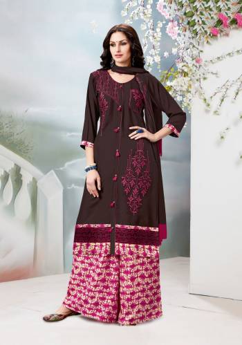 Grab This Pretty Staright Cut Plazzo Suit In Brown Color Paired With Pink Colored Bottom And Brown Colored Dupatta. Its Top Is Fabricated On Rayon Cotton paired With Cotton Bottom And Chiffon Dupatta. This Readymade Suit Is Light In Weight And Easy To Carry All Day Long.