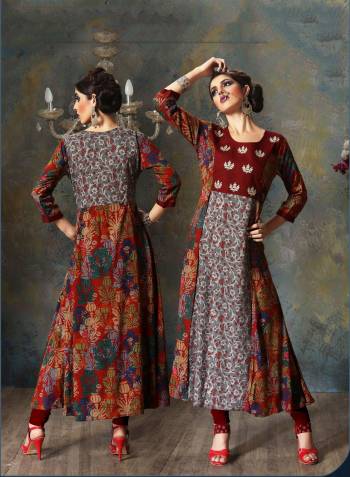 Rich And Simple Kurti Is Here In Maroon Color Fabricated On Rayon Cotton Beautified With Prints And Thread Work. This Kurti Can Be Paired With Maroon Or Any Contrasting Colored Leggings.