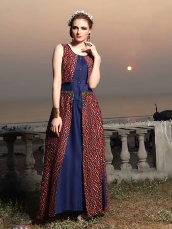 Here Is Long Designer Kurti In Blue And Red Color Fabricated On Rayon Cotton. This Pretty Kurti Is Beautified With Geometrical Prints And Hand Work. Buy Now.