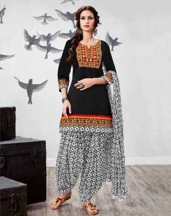 Enhance Your Beauty Wearing This Readymade Patiyala Suit In Black Colored Top Paired With White Colored Bottom And Dupatta. Its Top, Bottom And Dupatta Are Fabricated On Cotton. It Also Ensures Superb Comfort All Day Long.