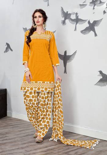 Add This Lovely Color To Your Wardrobe With This Patiyala Suit In Musturd Yellow Colored Top Paired With White Colored Bottom And Dupatta. Its Top, Bottom And Dupatta Are Fabricated On Cotton. It Is Available In Many Sizes, Buy Now.