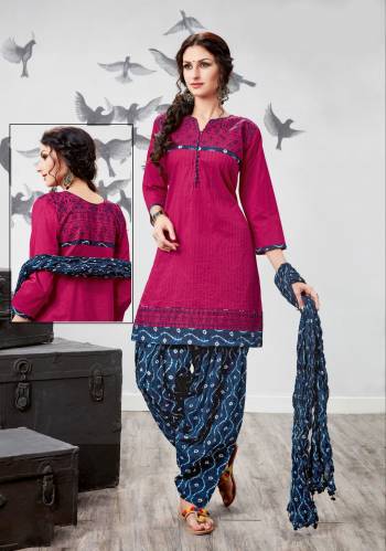 Shine Bright Wearing This Readymade Patiyala Suit In Megenta Pink Colored Top Paired With contrasting Blue Colored  Bottom And Dupatta. Its Top, Bottom And Dupatta Are Fabricated On Cotton. Its Pretty Colors And Soft Fabrics Gives You pretty look And Superb Comfort.