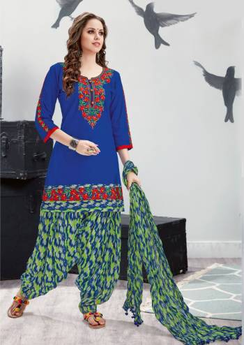 Bright And Visually Appealing Readymade Patiyala Suit Is Here In Blue Color Paired With Green And Blue Colored Bottom And Dupatta. Its Top Bottom And Dupatta Are Fabricated On Cotton Which Ensures Superb Comfort All Day Long. Buy Now.