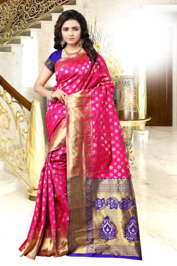 Look Pretty wearing This Banarasi Saree In Pink Color Paired With Contrasting Violet Colored Blouse. This Saree And Blouse Are Fabricated On Banarasi Art Silk Beautified with Weave. It Is Easy To Drape and Carry All day Long.