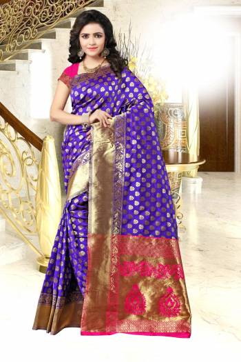 Quite Pretty Combination Is Here In This Banarasi Saree In Puurple Color Paired With Pink Colored Blouse. This Saree And Blouse Are Fabricated On Banarasi Art Silk Beautified With Weave All Over. Buy This Saree Now.