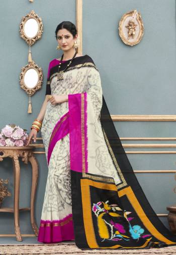 Here Is Saree Perfect For Your Semi-Casual Wear In White Color Paired With Rani Pink Colored Blouse. This Saree And Blouse Are Fabricated On Tussar Art Silk Beautified With Prints all Over. 