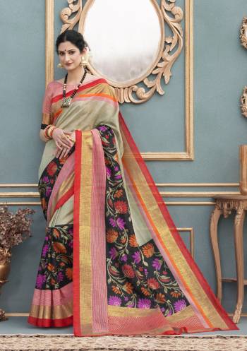 Rich And Unique Saree Is Here Which Will Earn You Lots Of Compliments From Onlookers. Grab This Saree In Beige And Multi Color Paired With Red And White Colored Lining Printed Blouse. This Saree And Blouse Are Fabricated On Tussar Art Silk. Buy This Saree Now.