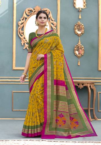 Grab This Beautiful Designer Saree In Musturd Yellow Color Paired With Contrasting Olive Green Colored Blouse. This Saree And Blouse Are Fabricated On Tussar Art Silk. This Fabric Is Light Weight And easy To Carry All Day Long.