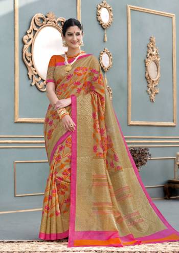 Rich and Elegant Looking Saree Is Here With This Beige Colored Saree Paired With Contrasting Orange Colored Blouse. This Saree And Blouse Are Fabricated On Tussar Art Silk Which Has Contrasting Colored Prints. Buy Now.