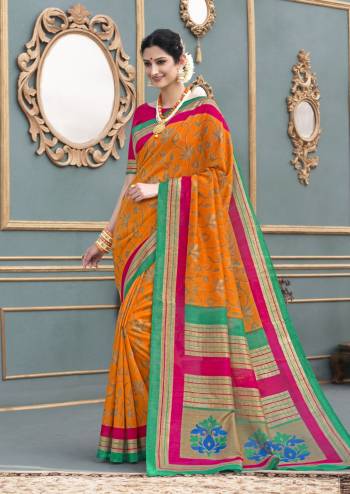 Orange Color Induces Perfect Summery Appeal To Any Outfit, So Grab This Saree In Orange Color Paired With Contrasting Dark Pink Colored Blouse. This Saree And Blouse Are Fabricated On Tussar Art Silk Which Is Durable And Easy To Care For.