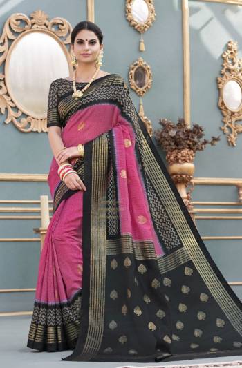 Look Pretty Wearing This Saree In Pink Color Paired With Black Colored Blouse. This Saree And Blouse Are Fabricated On Tussar Art Silk Beautified With Prints All Over It. It Will Definetily Earn You Lots Of Compliments From Onlookers.