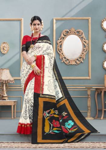 Here Is Saree Perfect For Your Semi-Casual Wear In White Color Paired With Red Colored Blouse. This Saree And Blouse Are Fabricated On Tussar Art Silk Beautified With Prints all Over. 