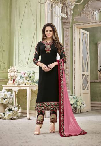 Enhance Your Beauty Wearing This Designer Straight Cut Suit In Black Color Paired With Black Colored Bottom And Contrasting Pink Colored Dupatta. Its Top Is Fabricated On Georgette Paired With Santoon Bottom And Chiffon Dupatta, All Three Are Beautified With Contrasting Embroidery. Buy This Semi-Stitched Suit Now.