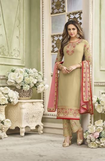 Simple and Elegant Looking Straight Cut Suit Is Here In Beige Color Paired With beige Colored Embroidered Bottom and Contrasting Light Pink Colored Dupatta. Its Top Is Fabricated On Georgette Paired With Santoon Bottom And Chiffon Dupatta. Its Attractive Embroidery Gives A Pretty Look To The Suit.