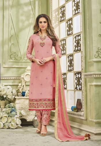 Look Pretty Wearing This Staright Cut Suit In Pink Color Paired With Pink Colored Bottom And Dupatta. Its Top Is Fabricated On Georgette Paired With Santoon Bottom And Chiffon Dupatta. This Suit Is Light Weight And Easy To Carry Throughout The Gala. Buy Now.