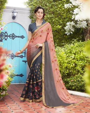 Wear This Light Pink And Grey coloured saree for upcoming special occasion and let all eyes follow you. This gorgeous saree Features an Elegantly Designed Border and comes with Grey Colored Beautifull Blouse . Made from Georgette It will complement Gold jewellery and heels.Buy Now.