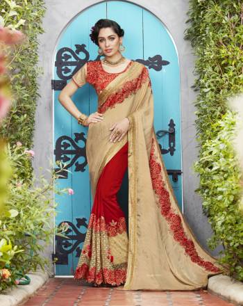 Bring Out The Best In You Wearing This Golden And  Red Colored Saree. Made Of Self Jacquard ,Georgette. This Saree Is Super Comfortable To Drape. The Beautiful Embroidery Makes This Saree Look Quite Appealing. 