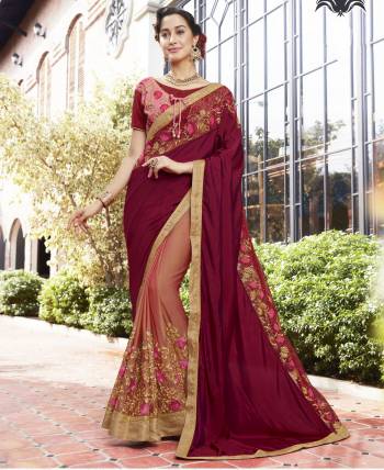 Complete Your Ethnic Diva Look Wearing This Magenta , Peach Colored Designer Saree At Social Parties And Functions. This Beautiful  Saree Is Prettified On Silk , Chiffon.Grab It Now.