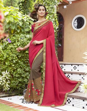 Renovate Your Wardrobe And Get Classier Outfits Like This Gorgeous Pink And Brown Colored Saree. This Beautifully Embroidered Saree Will Catch Your Attention Instantly And Will Lend You A Vibrant Look. 