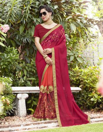 Look Absolutely Gorgeous In This Pink And PeachColored Saree Best To Attire At Any Function. This Designer Saree Is Beautified On Georgette.Grab It Now.