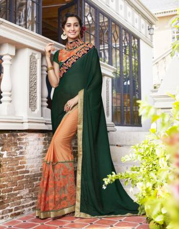 Be A Fashion Icon This Season With A Simple And Lovely  Design. This Pine Green And  Light Orange Colored Georgette  Saree With Its Beautiful  Design Will Add A Charm To Your Personality And Give You A Different Look.