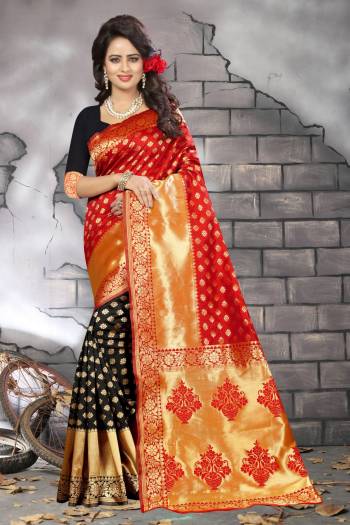 It will Definitely Earn you loads of Compliments from onlookers. This saree has Black Colored solid blouse. The copper colored Zari  Woven pattern on All Over The Saree.The Red and Black Colored Saree is Fabricated in Banarasi Silk, while the Blouse is Made of Banarasi Silk fabric. This Party Wear Aaree Just For you.