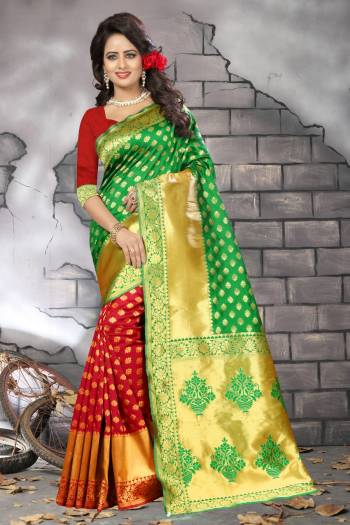 This Attractive Saree Will Surely fetch you compliments for your rich sense of style. This saree has copper colored floral zari woven pattern on the all over the saree.  The Red and Green colored saree is fabricated in banarasi silk, This amazing saree specially for you.