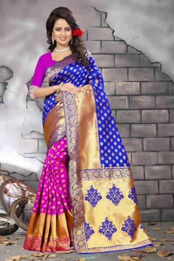 Keep classy and stylish in this outfit and reval in the comfort of the soft fabric. This saree has fuchsia pink colored solid blouse. The copper colored zari  woven pattern on all over the saree.The Blue And  Fuchsia Pink Colored Saree is Fabricated in Banarasi Silk, While The Blouse is made of Banarasi Silk Fabric. This party wear saree just for you.