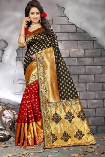 Impress everyone your amazing traditional look by draping this saree. This saree has copper zari woven worked on the border with two side weaving. The Black , Red colored saree is fabricated in banarasi silk. This party wear saree specially for you.