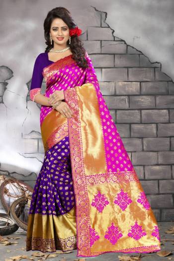 Most women will be able to pull of this saree with a lot of oomph and glamour. This saree has copper colored floral embroidery pattern on all over the saree to make you look more beautiful. The Dark Purple , Fuchsia Pink colored saree is fabricated in Banarasi silk.  This lovely saree only for you.