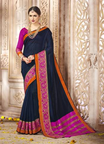 Look Beautiful Wearing This Very Pretty Navy Blue And Orange Colored Saree Paired With Pink Colored Blouse. This Saree And Blouse Are Fabricated On  Cotton Silk  Which Is Durable And Easy To Care For.