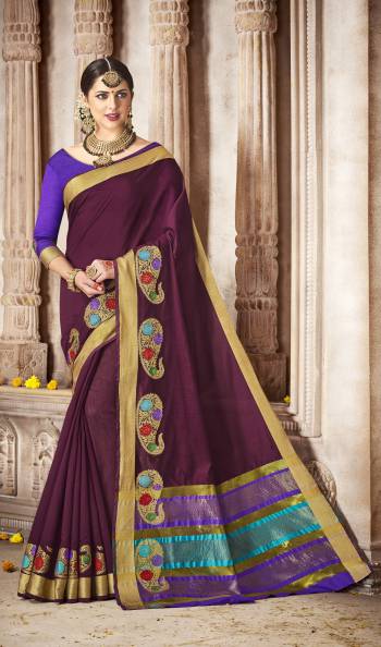 Bright And Visually Appealing, Grab This Magenta Colored Saree Paired With Purple Colored Blouse. This Saree And Blouse Are Fabricated On Cotton Silk Which Is Easy To Drape And Carry All Day Long. 