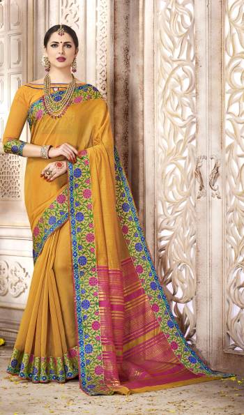 Celebrate This Festive Season With Beauty And Comfort Wearing This Mustard Colored Saree Paired With Mustard Colored Blouse. This Saree And Blouse Are Fabricated On Cotton Silk  Which Is Easy Drape And Easy To Care For.