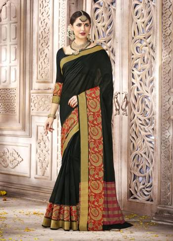 Adorn The Super Angelic Look Wearing This Black Colored Saree Paired With Black Colored Blouse. This Saree Is Fabricated On Cotton Silk Which Is Durable And Comfortable To Carry All Day Long. Buy It Now.