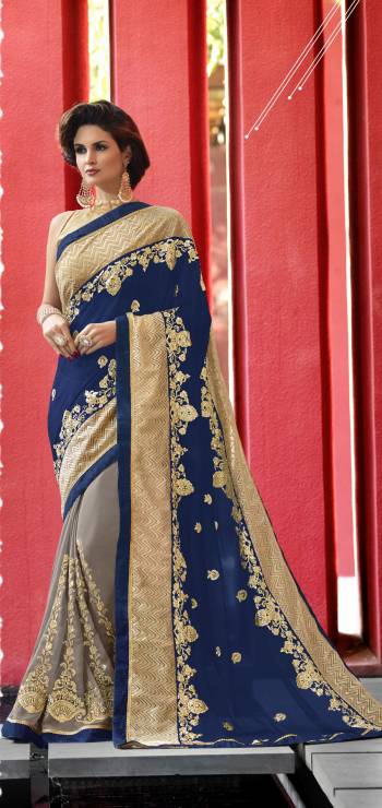 Beautiful And Unique Combination Is Here With This Saree In Blue And Grey Color Paired With Beige Colored Blouse. This Saree Is Fabricated On Georgette Paired With Brocade Fabricated Blouse. It Also Ensures Superb Comfor All day Long.