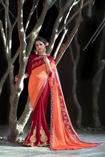 Orange Color Induces Perfect Summery Appeal To Any Outfit, So Grab This Saree In Orange And Maroon Color Paired With Maroon Colored Blouse. This Saree Is Fabricated On Chiffon And Georgette Paired With Art Silk Fabricated Blouse. Buy This Saree Now.