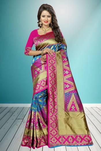 Shine Bright With This Pretty Banarasi Saree In Rani Pink And Blue Color Paired With Rani Pink Colored Blouse. This Saree And Blouse are Fabricated On Banarasi Art Silk Beautified With Weave All Over. Buy This Saree Now.