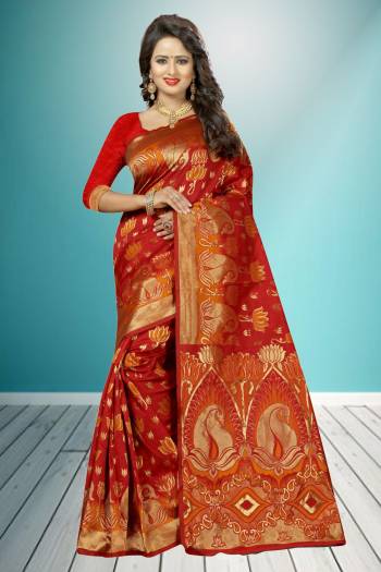 Get Ready For The Next Formal Function At Your Place With This Red Colored Bnarasi Saree Which Gives You A Rich Look Like Never Before. This Saree And blouse Are Fabricated On Banarasi Art Silk Beautified With Jacquard Work All Over. Buy This Saree Now.